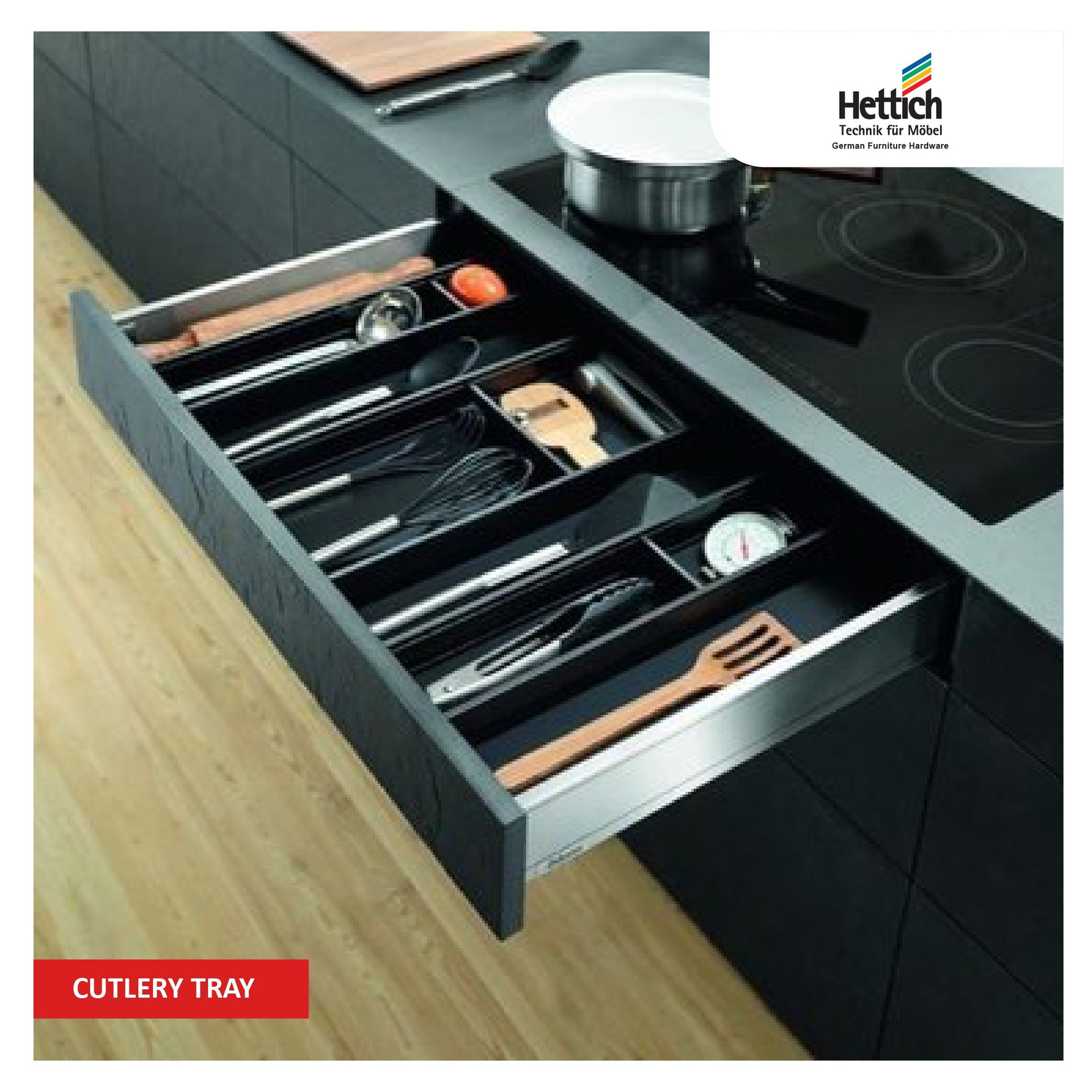 Organized kitchen drawers with Hettich Cutlery Trays by M. M. Noorbhoy & Co - High-quality trays for efficient storage and easy access.
