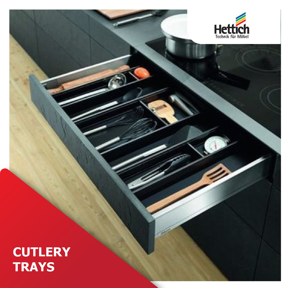Organized kitchen drawers with Hettich Cutlery Trays by M. M. Noorbhoy & Co - High-quality trays for efficient storage and easy access.