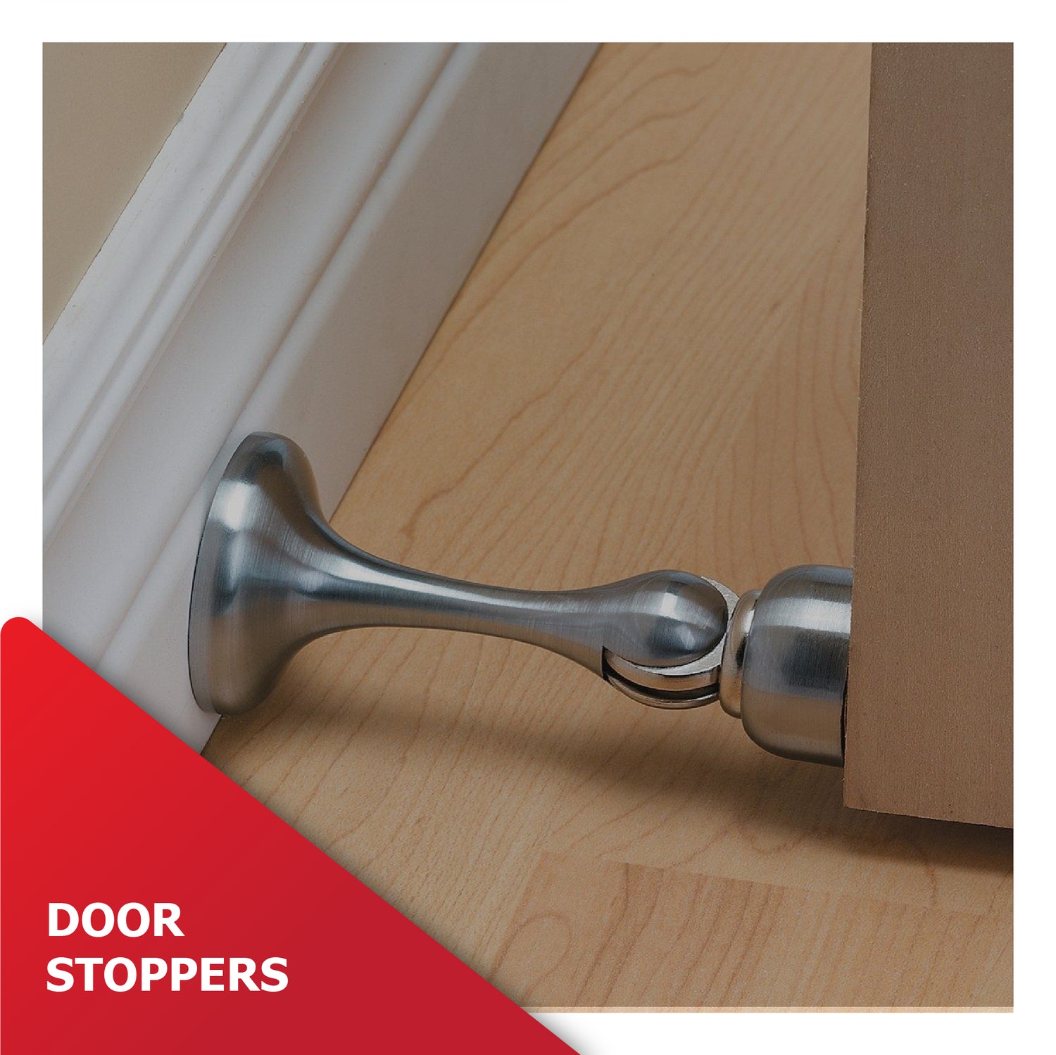 Various door stoppers in different designs and finishes.