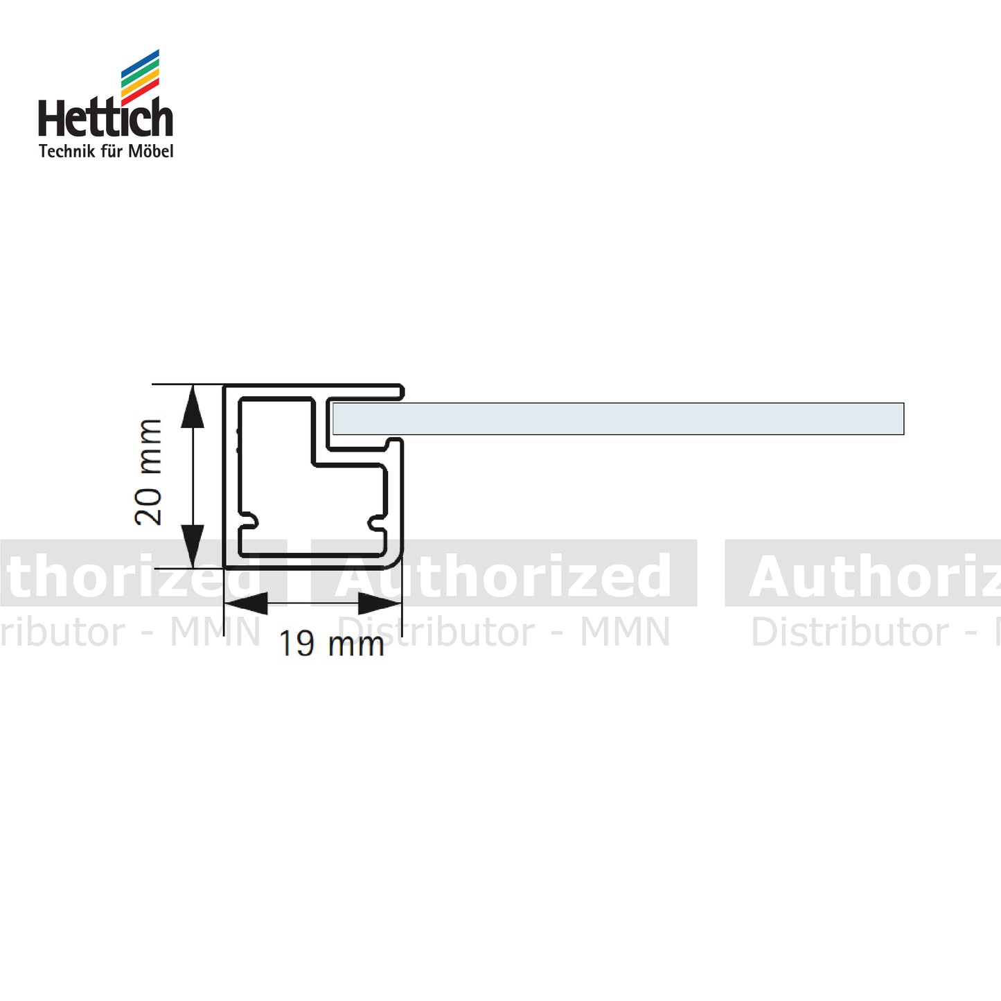 Hettich Straight Frame Profile, පළල 19mm / දිග 3000mm, ඇලුමිනියම් නිමාව - HT911307100