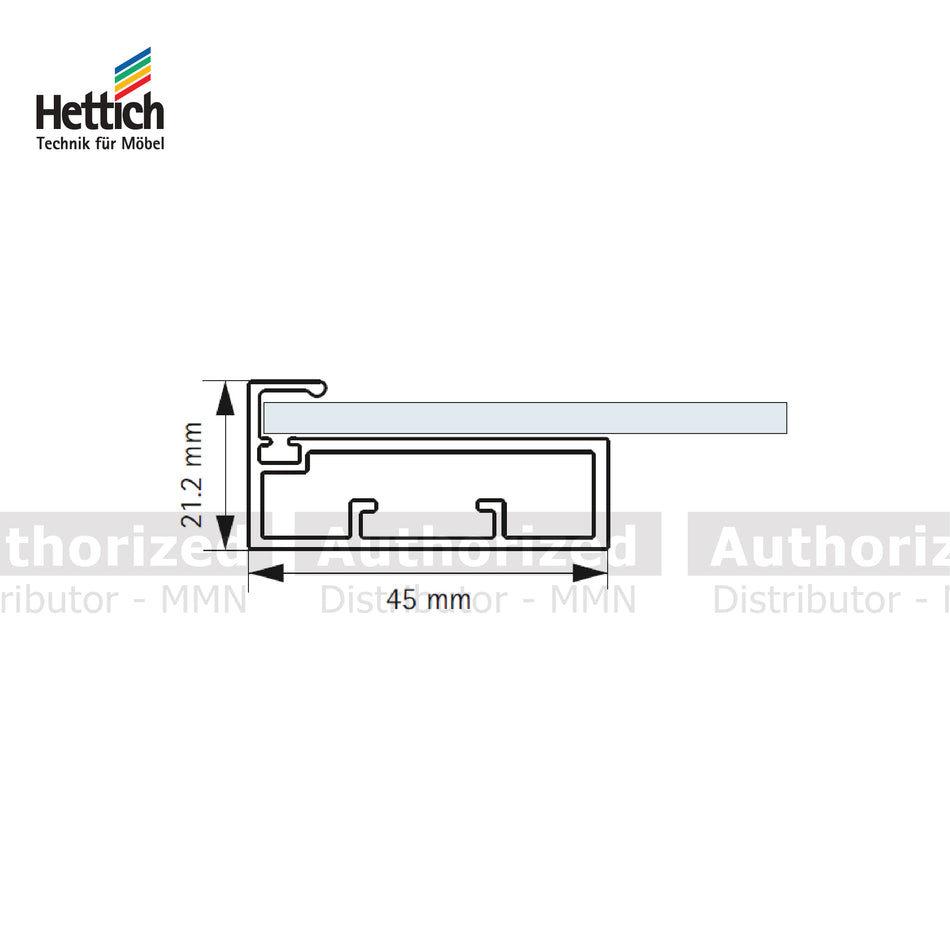 Hettich Straight Frame Profile, Width 45mm / Length 3000mm, Aluminium Finish - HT9