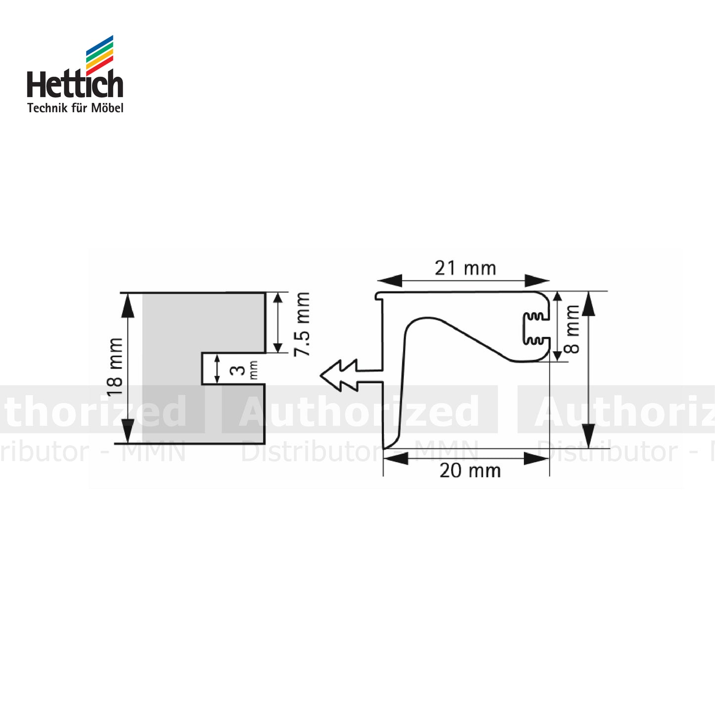 Hettich Edge Profile for Wall Cabinet with Cap Edge, දිග 3000mm, Aluminium Finish - HT928351700+921256900
