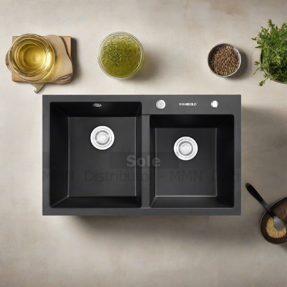 Higold Double Bowl Kitchen Sink Composite Dimension 860x500x200mm Black, White & Grey Colour - HGQ35008
