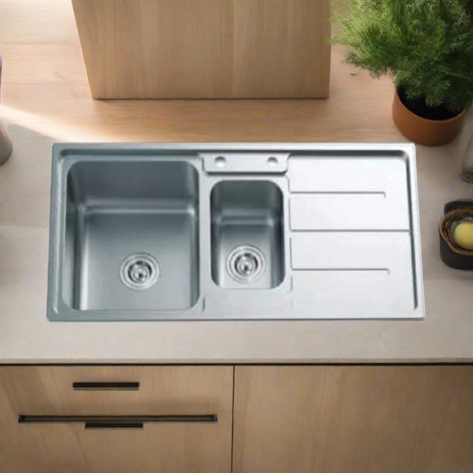 Mcoco Kitchen Sink Double Bowl 1 & 1/2 With Drain Board Dimension 1000x500x230mm Stainless Steel - LAN7324SS