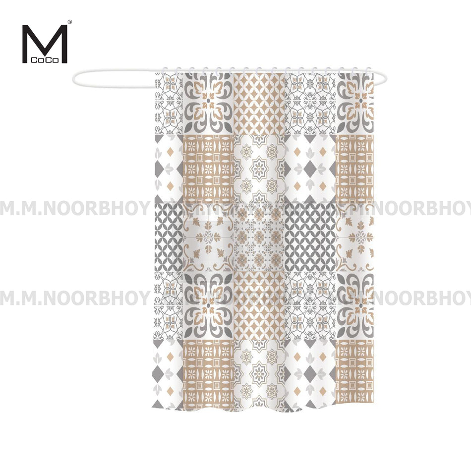Mcoco Polyster Printed Shower Curtain with Plastic Hooks with Beige, White and Grey Color - MCO/SC/PRI/185383
