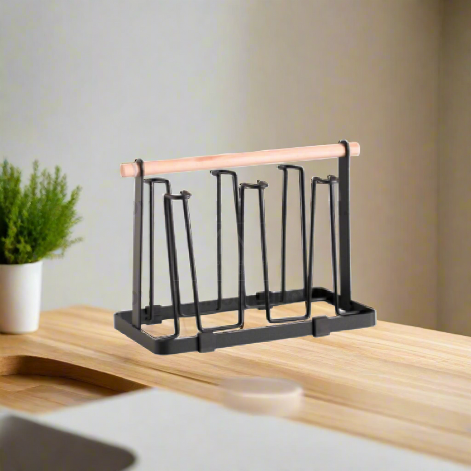 Mcoco Steel Black Color Cup Drying Rack Drainer Stand Holder with Wooden Handle Each - YI-188