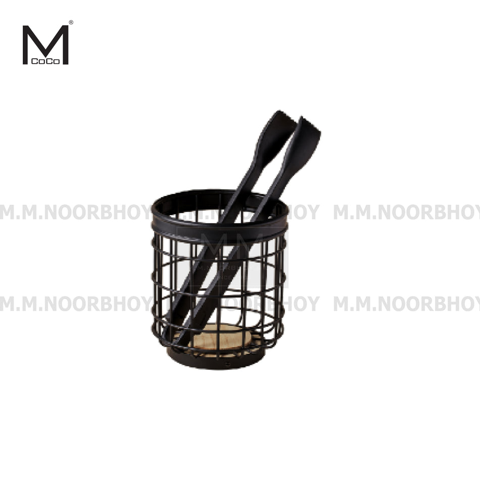 Mcoco Steel Round Black Color Utensil Holder with Wooden Bottom Each - YI-16615