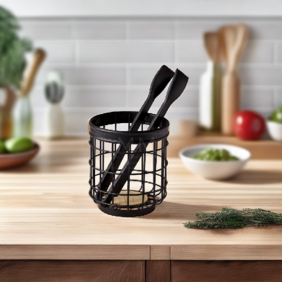 Mcoco Steel Round Black Color Utensil Holder with Wooden Bottom Each - YI-16615