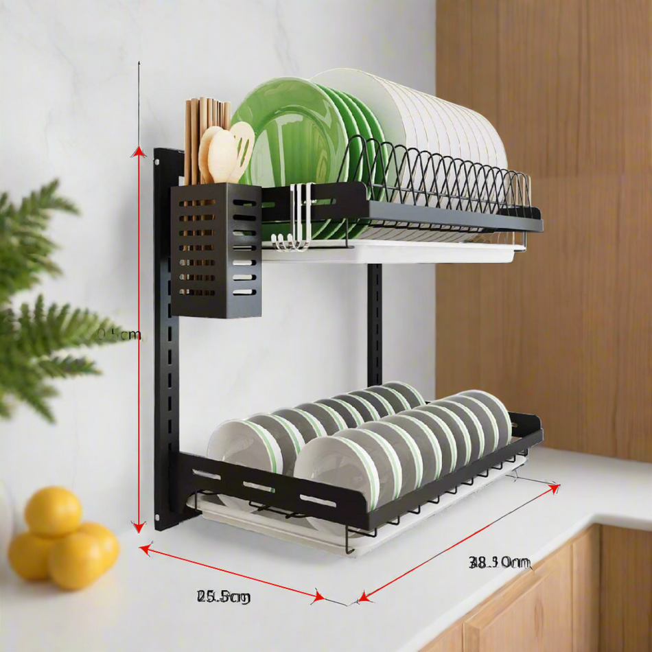 Mcoco Dish Rack 2 Shelves Dimension 40.5x25.5x38.10cm Black 201 Grade- DR02SHS11