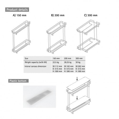 Hettich Cargo Bottle Pullout IQ 300 Series For Carcass Width 150,200 & 300mm, Stainless Steel Chrome Plated - HT91917