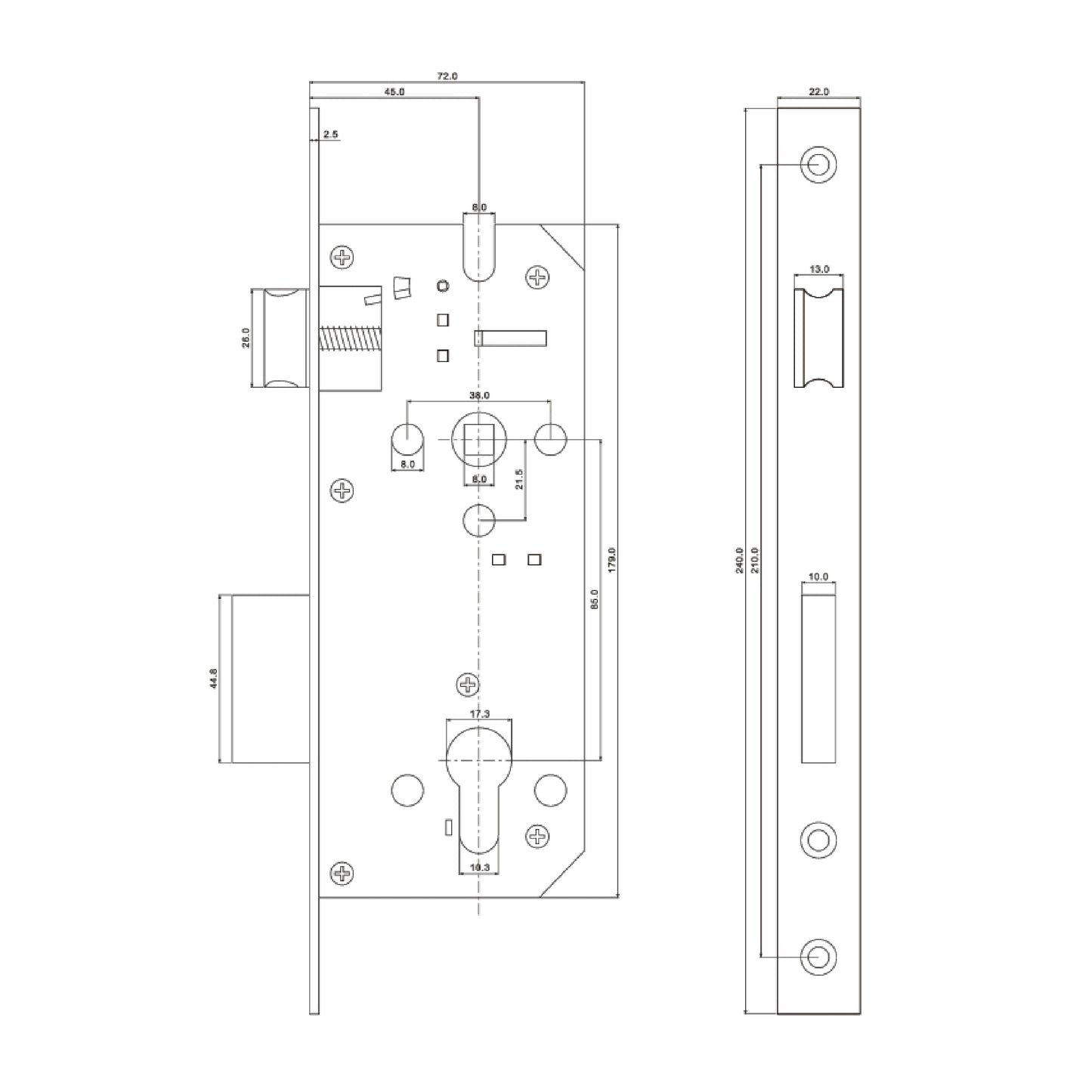 EuroArt Mortice Lock Body with Double Side Key - E485C/SSS