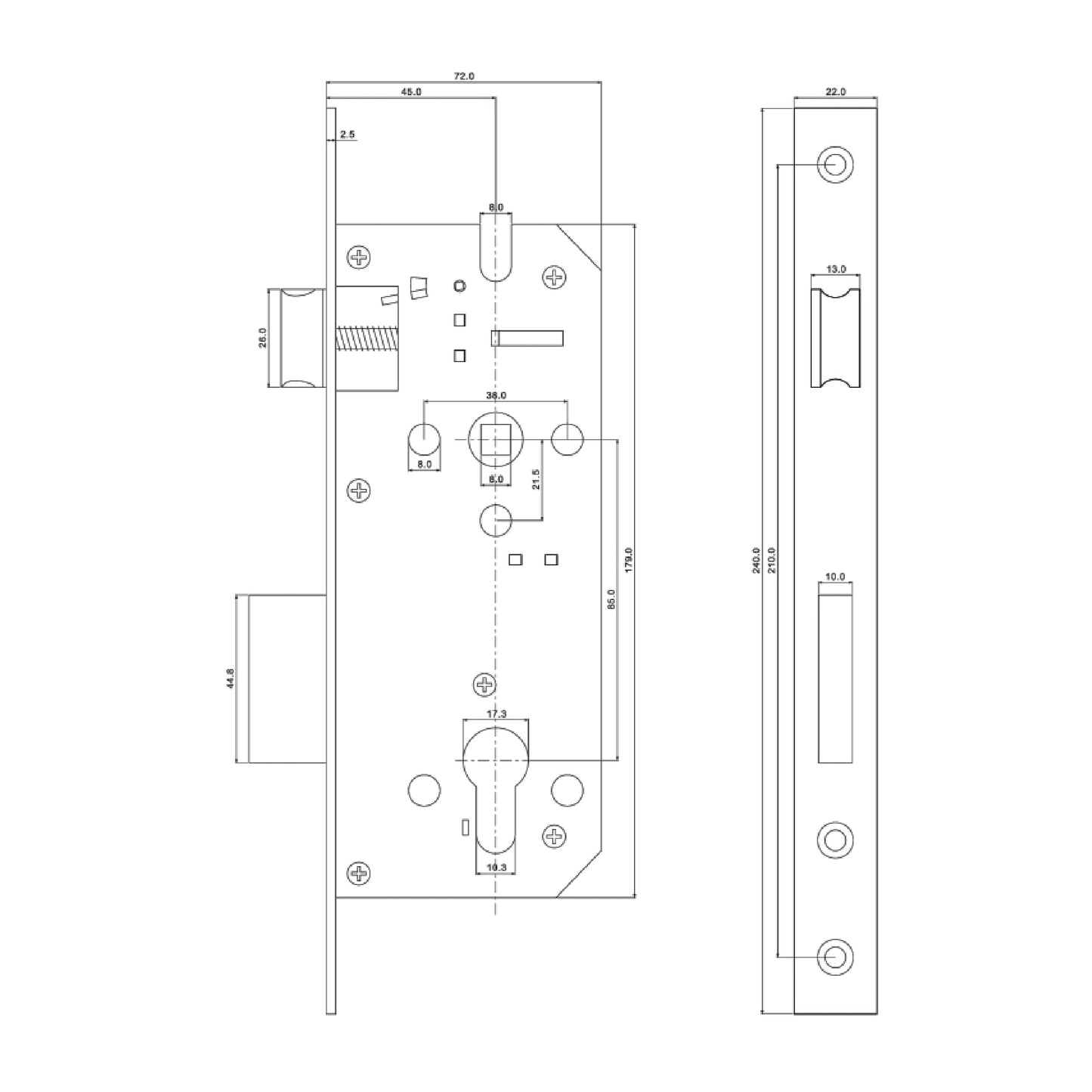EuroArt Mortise Lock Body with Trun & Key Cylinder - E485KT/SSS