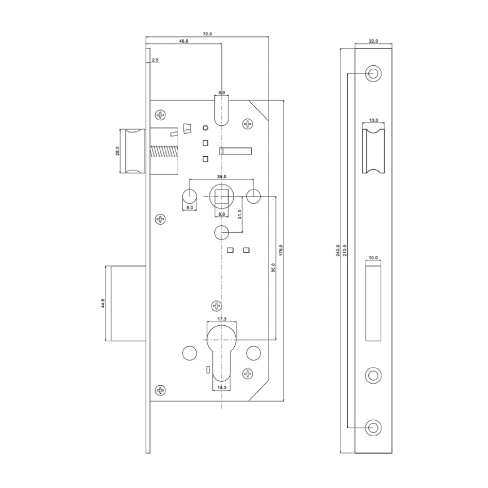 EuroArt Mortise Lock Body With 65mm Trun & Key Cylinder Satin Stainless Steel - E485KT/SSS