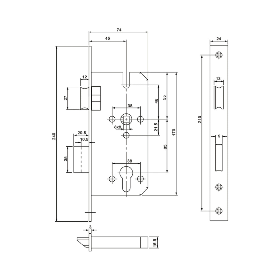 EuroArt Din Quality Mortise Lock Body , Centres 85mm & 45mm Backset , MAB & PB/PVD Finish - DLA4585EP