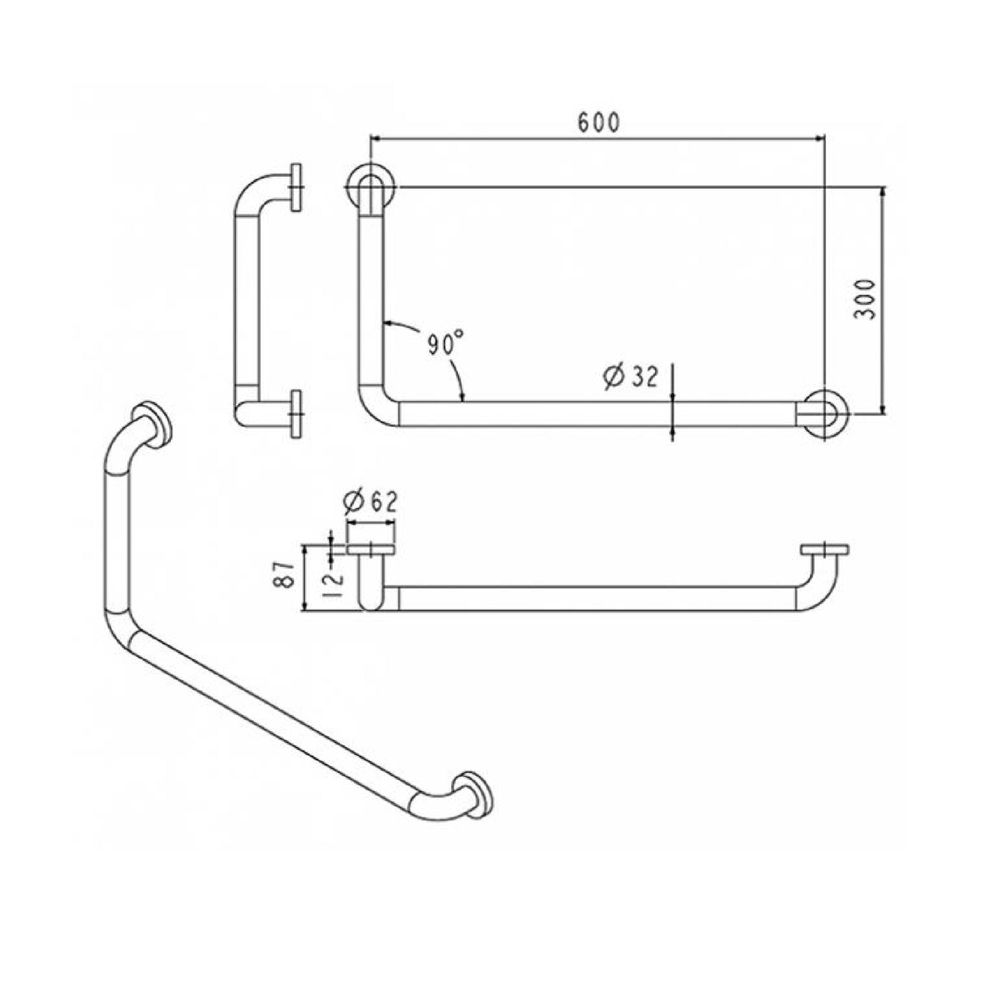 VRH Grab Bar 90° OD 32mm, Size 300x600mm (Right), Stainless Steel - FBVHC.TS791C