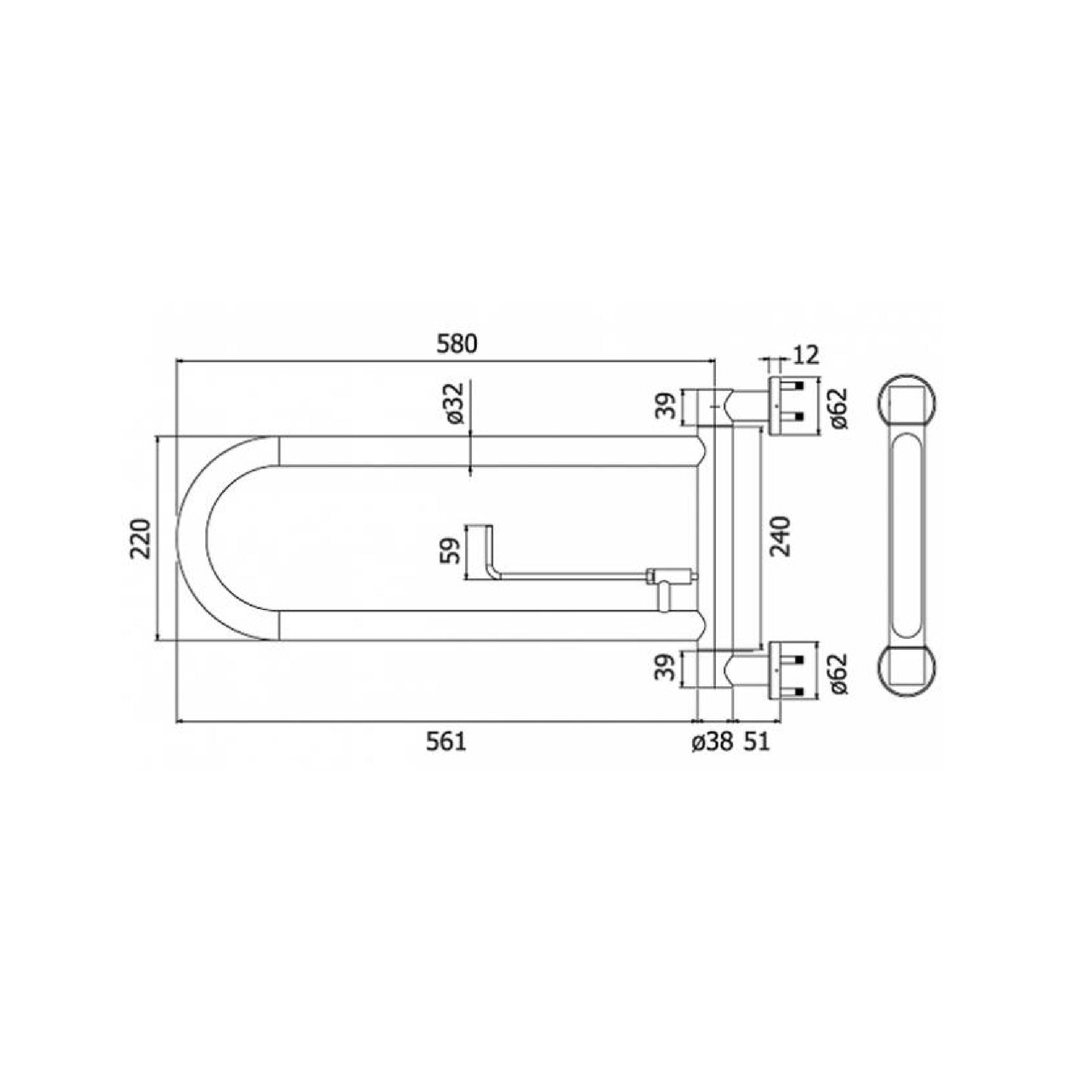 VRH Grab Bar Swing Rail Support, Size 580x220mm OD: 32mm, Stainless Steel- FBVHS.0102CS