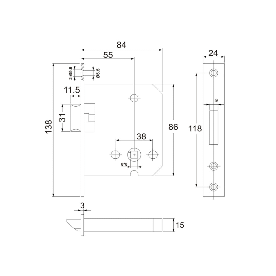 EuroArt Small Din Flat Latch Lock Body - FD0055LSSS