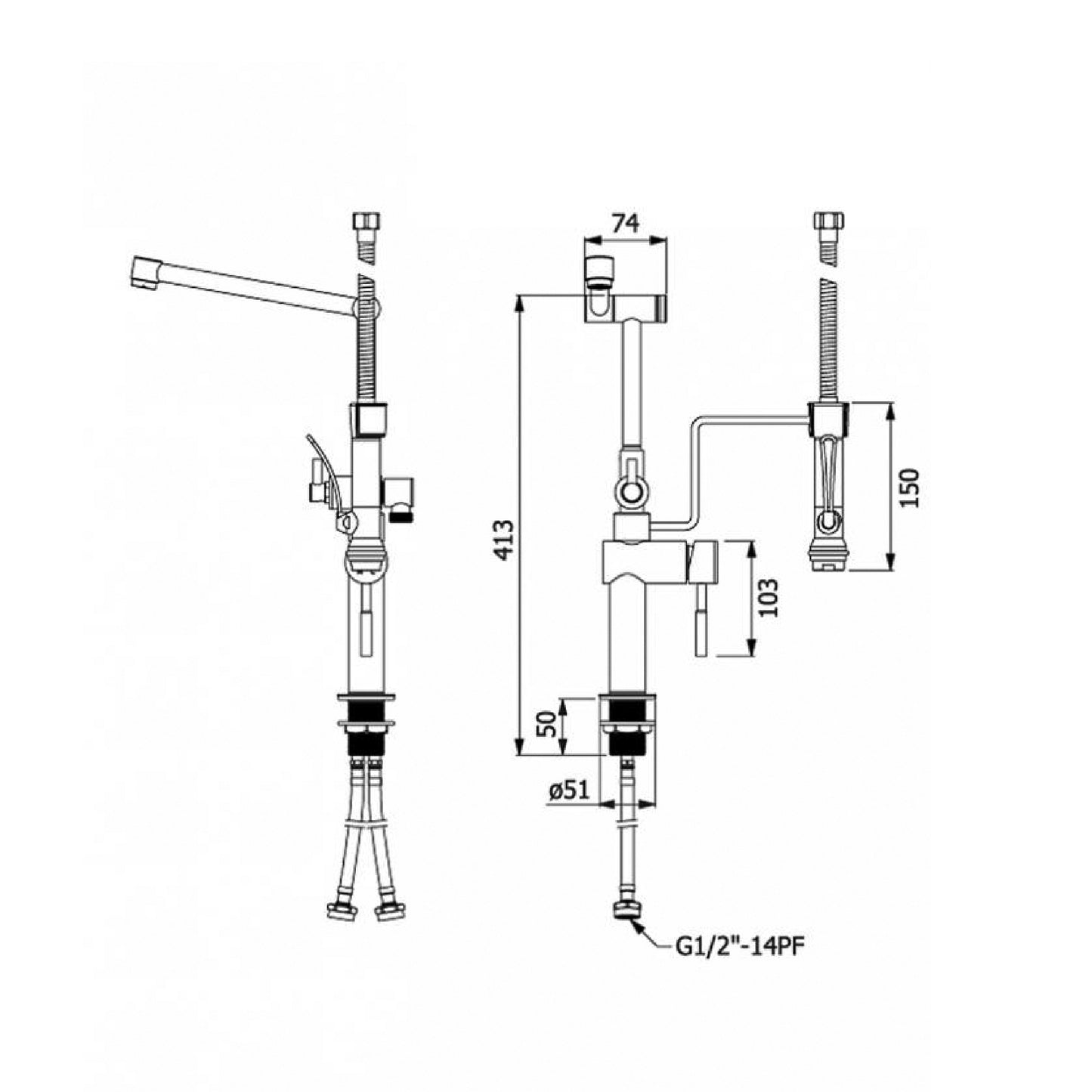 VRH Deck Single Control Mixer Sink Faucet With Shower Set, Stainless Steel - HFVSP.1001A9