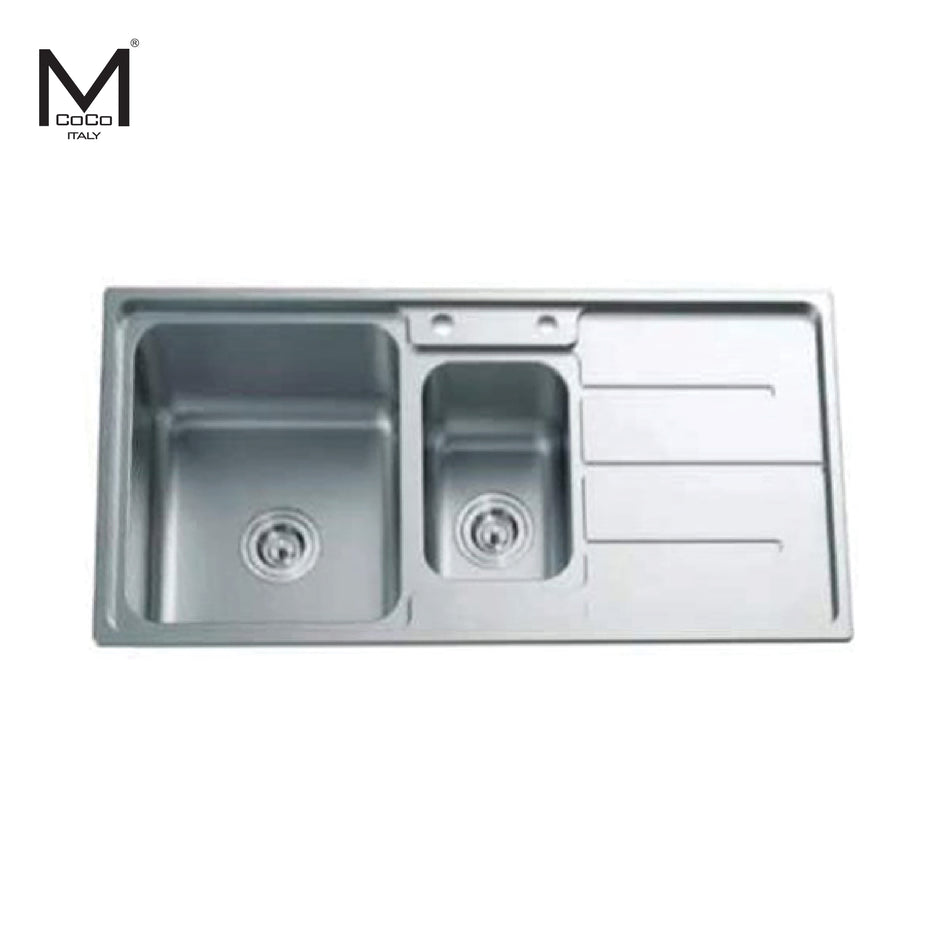 Mcoco Kitchen Sink Double Bowl 1 & 1/2 With Drain Board Dimension 1000x500x230mm Stainless Steel - LAN7324SS