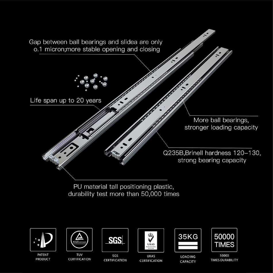 Mcoco Drawer Railing Non Soft Closing Full Extension Ball Bearing Slide, Sizes 400 & 600mm Zinc Plated - S4501A
