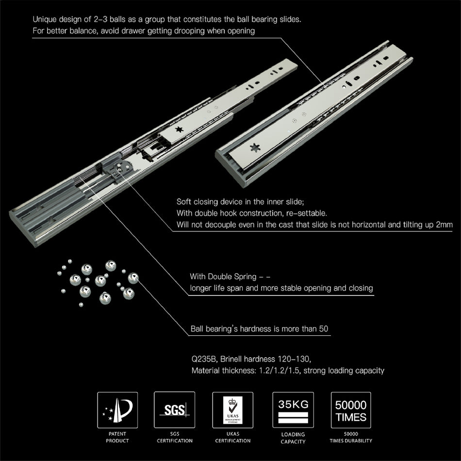 Mcoco Drawer Railing Soft Closing Full Extension Ball Bearing Slide, Sizes 300-500mm, Zinc Plated - S4502A