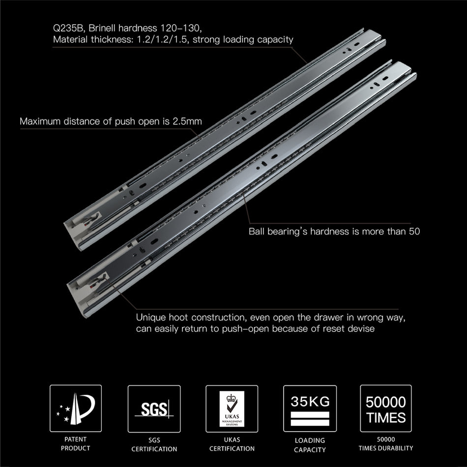 Mcoco Drawer Railing Push Open Full Extension Ball Bearing Slide, Sizes 300-450mm, Zinc Plated - S4503