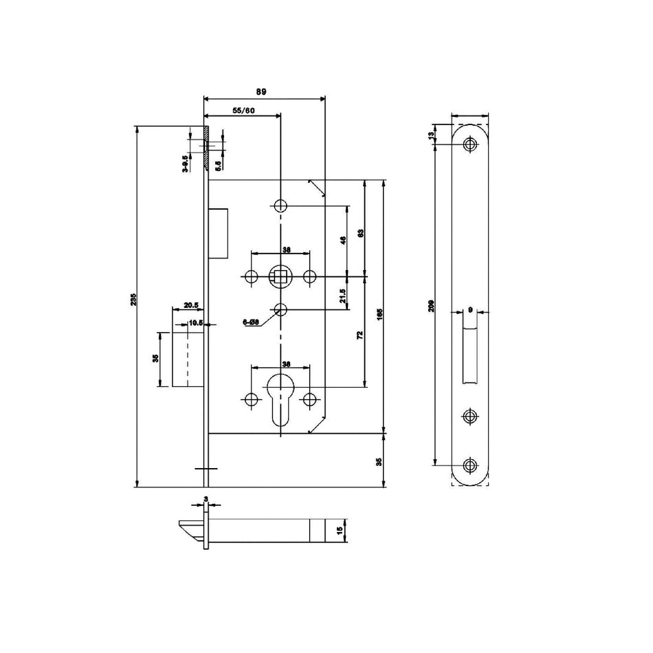 EuroArt Roller Bolt Euro Dead Lock Body 55mm Backset SSS,MBL,PB/PVD Finish - DLA0055EP