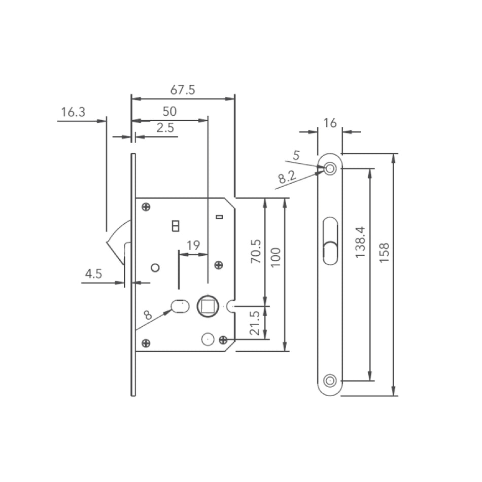 EuroArt Sliding Door Hook Lock For Bathroom 50mm Backset Stainless Steel- HL0050WC.KIT