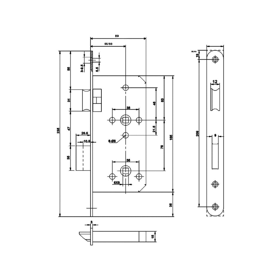 EuroArt DIN Bathroom Lock Body, 55mm Backset,78mm Centres ,Finish SSS,BL/PVD,316/BL/PVD- DLA7855WC