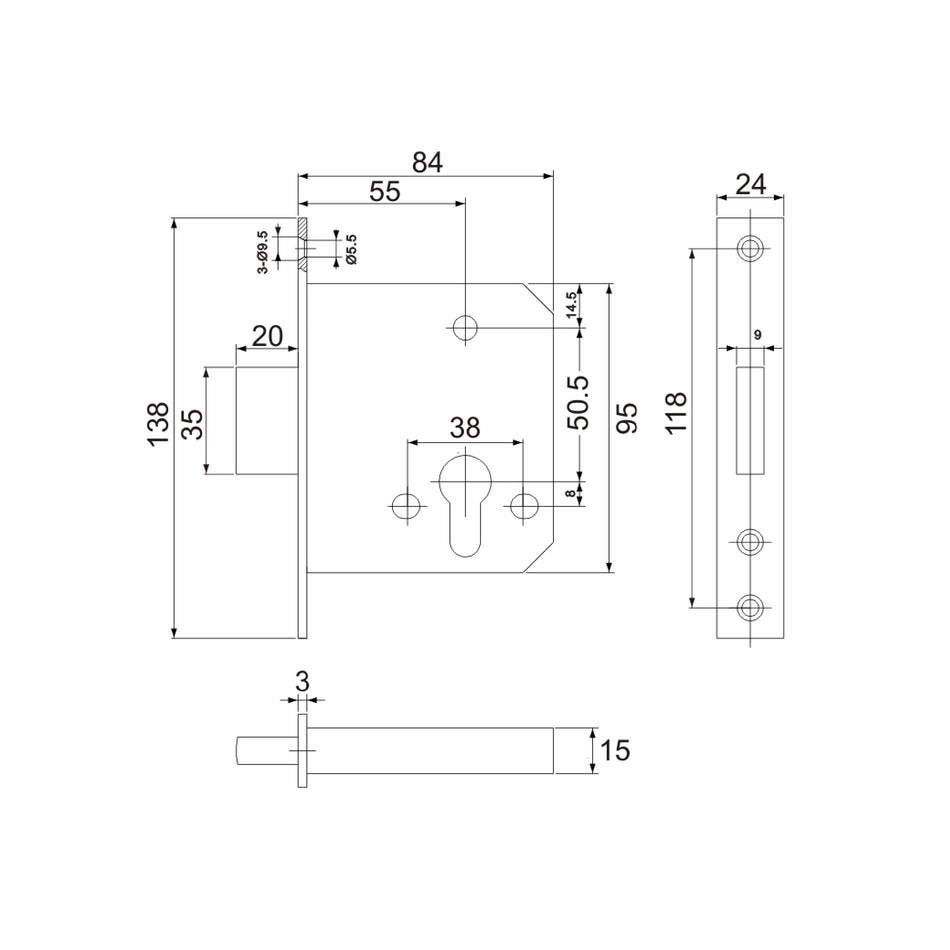 EuroArt DIN Flat Dead lock Body,55mm Backset, Finish Satin Stainless Steel - FD0055EP/SSS