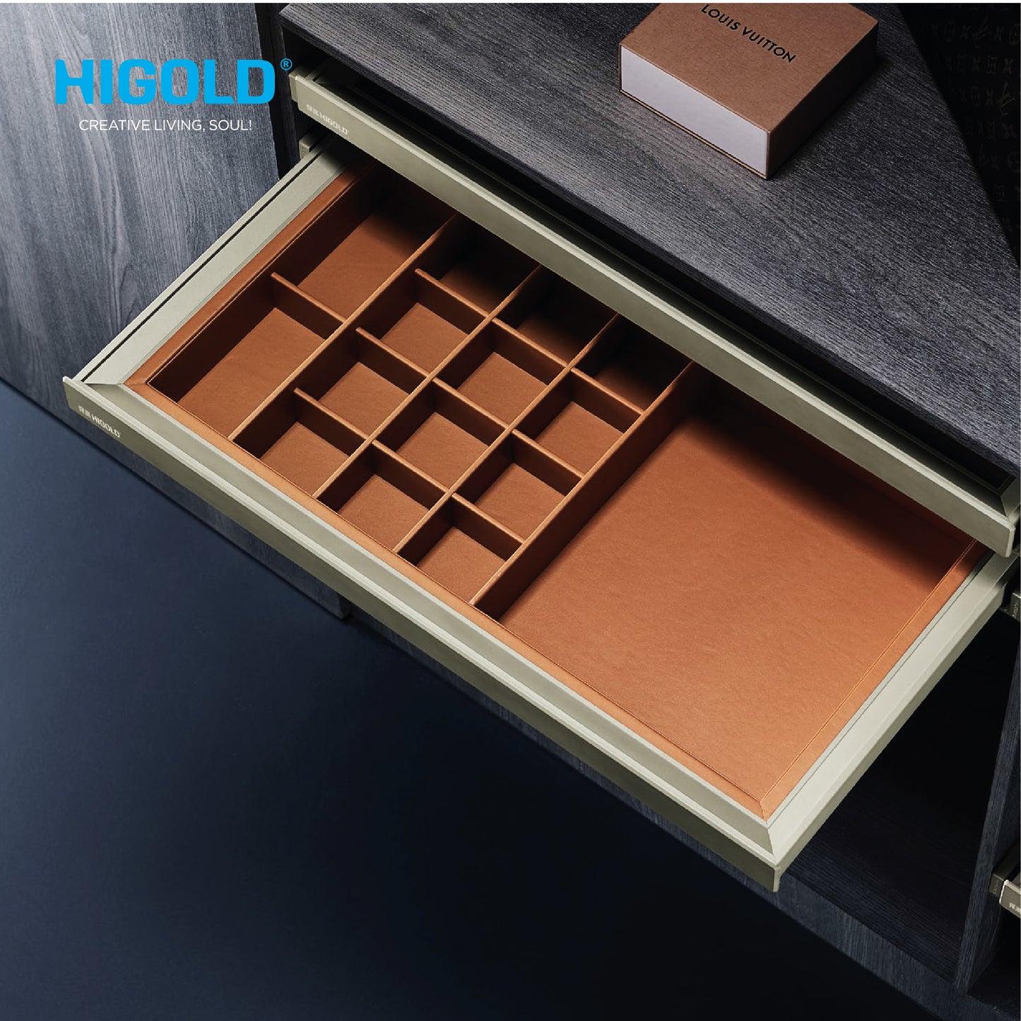 HIGOLD Armani යට ඇඳුම් ගබඩා පෙට්ටිය - කැබිනට් 900mm -තැඹිලි + කොබෝල්ට් රන් මෘදු වසා (Angas) - HG703714