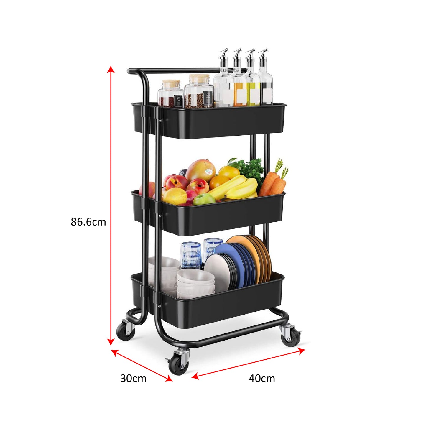Mcoco Kitchen 3 ටයර් ට්රොලි රාක්ක - TR03SHBLK