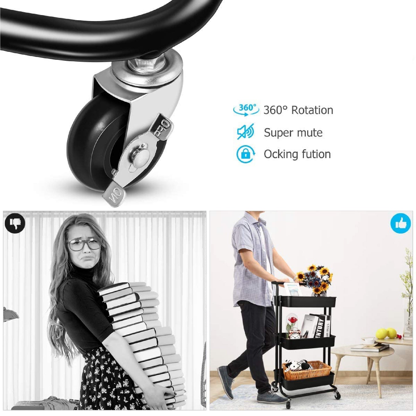 Mcoco Kitchen 3 ටයර් ට්රොලි රාක්ක - TR03SHBLK