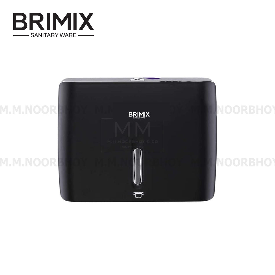 A black, rectangular Brimix wall mounted tissue dispenser featuring a small central window to check paper levels and a paper roll icon near the bottom slot.

Plastic Tissue Dispenser
Plastic Paper Dispenser