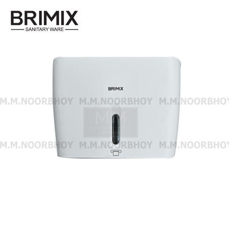 A white, rectangular Brimix wall mounted paper dispenser / wall mounted tissue dispenser featuring a small central window to check paper levels and a paper roll icon near the bottom slot.
Plastic Tissue Dispenser / Plastic Paper Dispenser