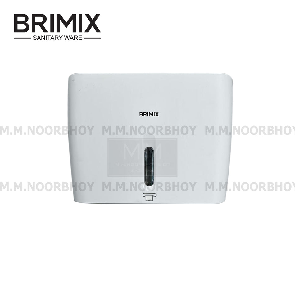 A white, rectangular Brimix wall mounted paper dispenser / wall mounted tissue dispenser featuring a small central window to check paper levels and a paper roll icon near the bottom slot.
Plastic Tissue Dispenser / Plastic Paper Dispenser