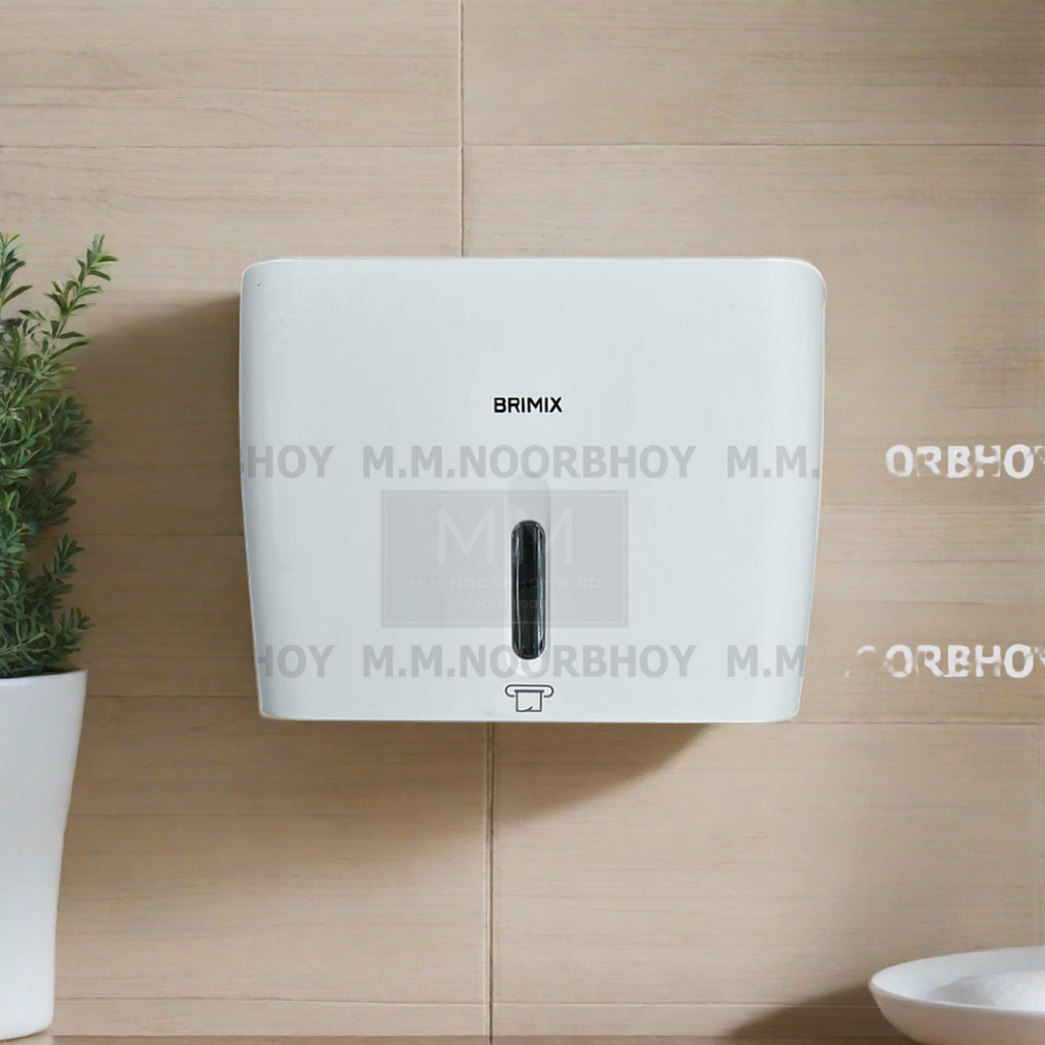 A white, rectangular Brimix wall mounted paper dispenser / wall mounted tissue dispenser mounted on a beige tiled bathroom wall, featuring a small central window to check paper levels and a paper roll icon near the bottom slot.
Plastic Tissue Dispenser / Plastic Paper Dispenser