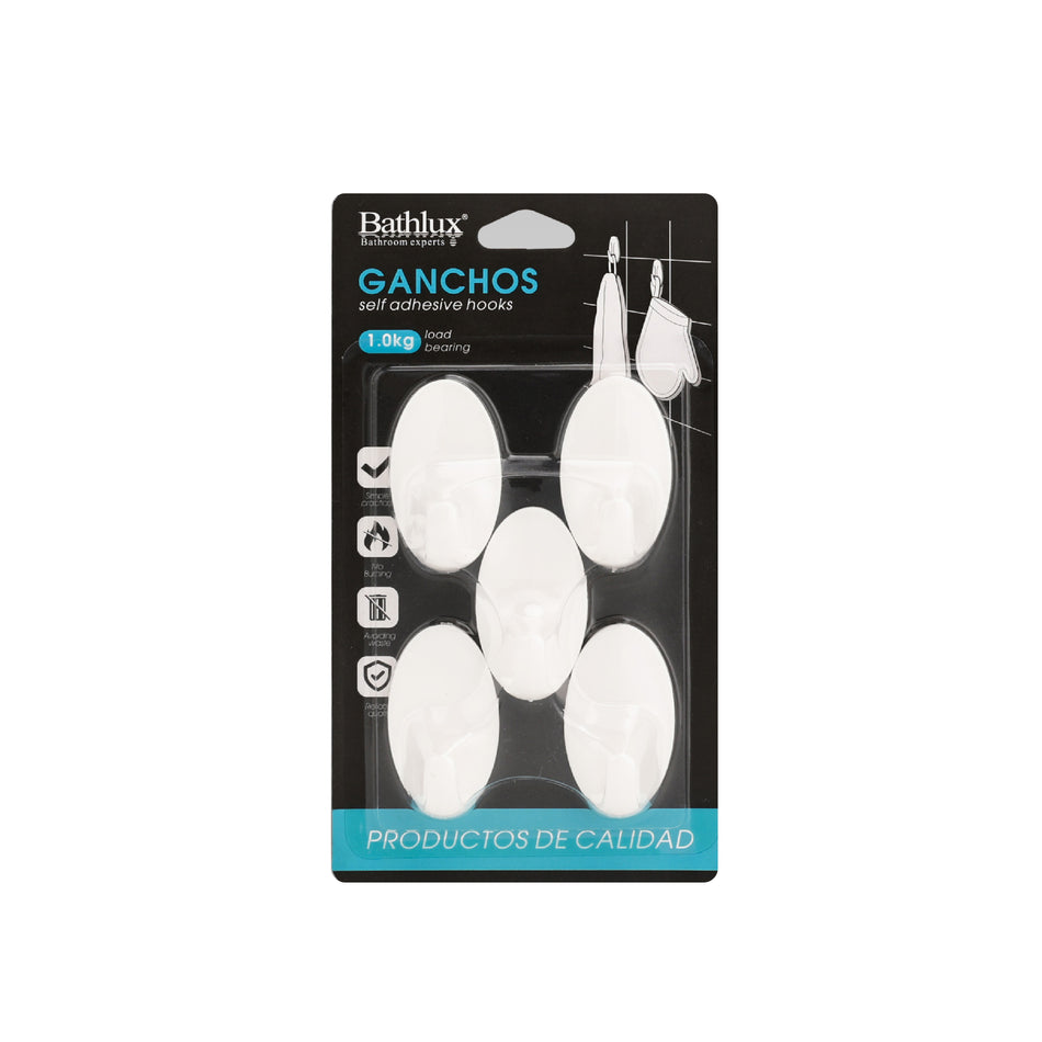 Bathlux Self Adhensive Single Ovel Hook Plastic Material with White Color 5 Pcs- BLX/HK/WHT/30364