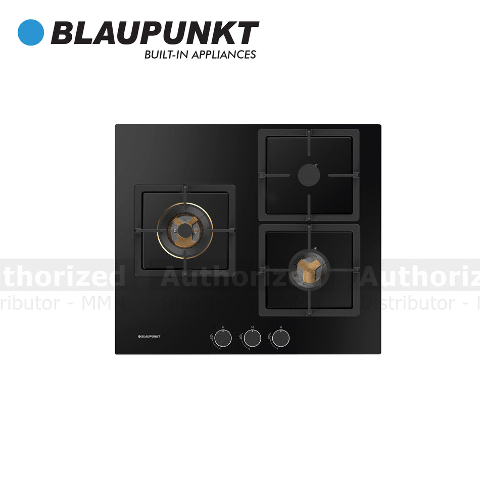 Blaupunkt Gas Hob With 3 Burners, Dimension 8.07x59.0x51.0cm, 60cm, Black Glass, Cast Iron - BLAU5GH65BB390