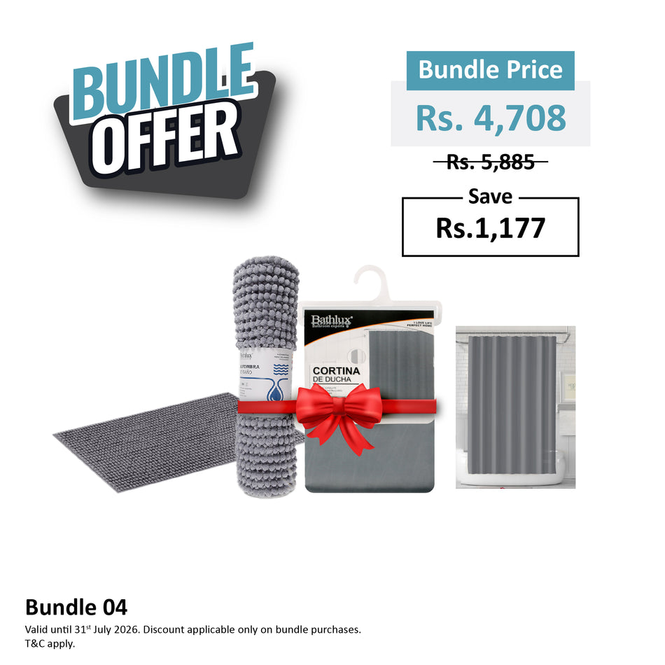Bundle 04 - Polyester Plain Design Shower Curtain + Floor Mat (Grey Color Set)