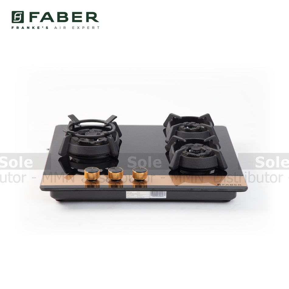 Faber Gas Hob UTOPIA PRO HT 603: Black Glass 3 Burners with Cast Iron Supports - FB/HOB-UT/BG/603/106.0679.382