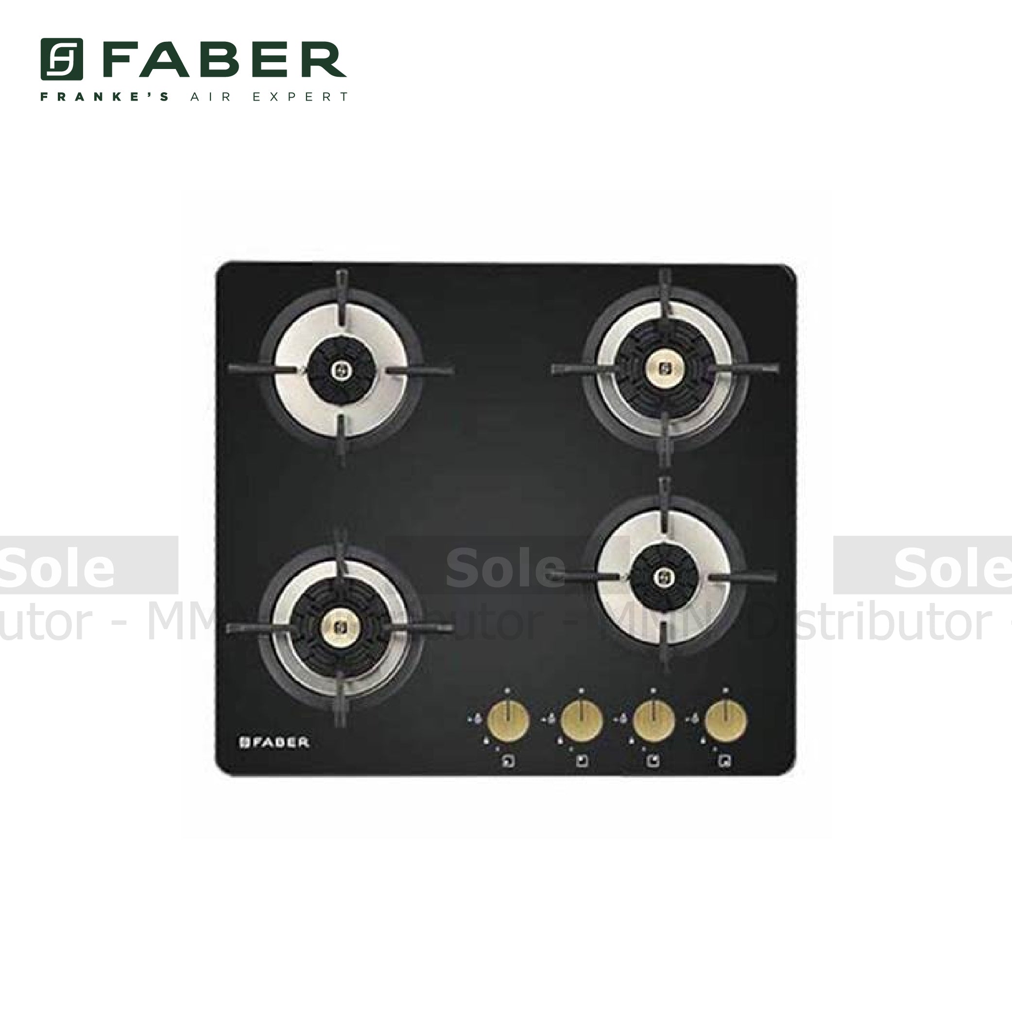 Faber four-burner gas cooktop with a black glass front, silver burner caps, and gold control knobs, shown on a white background with Faber branding.