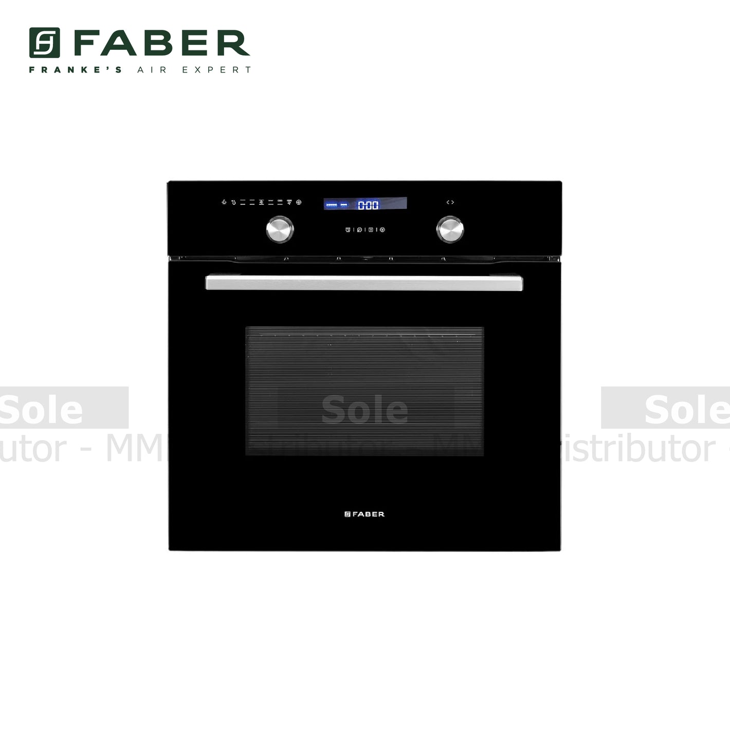 Faber black built-in wall oven with a digital control display and two silver knobs on a white background.