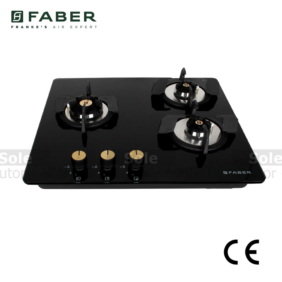 Faber Gas Hob MAXUS HT603 3 Burners with Cast Iron Support in Black Glass - FB/HOB-MX/BG/603/106.0603.549