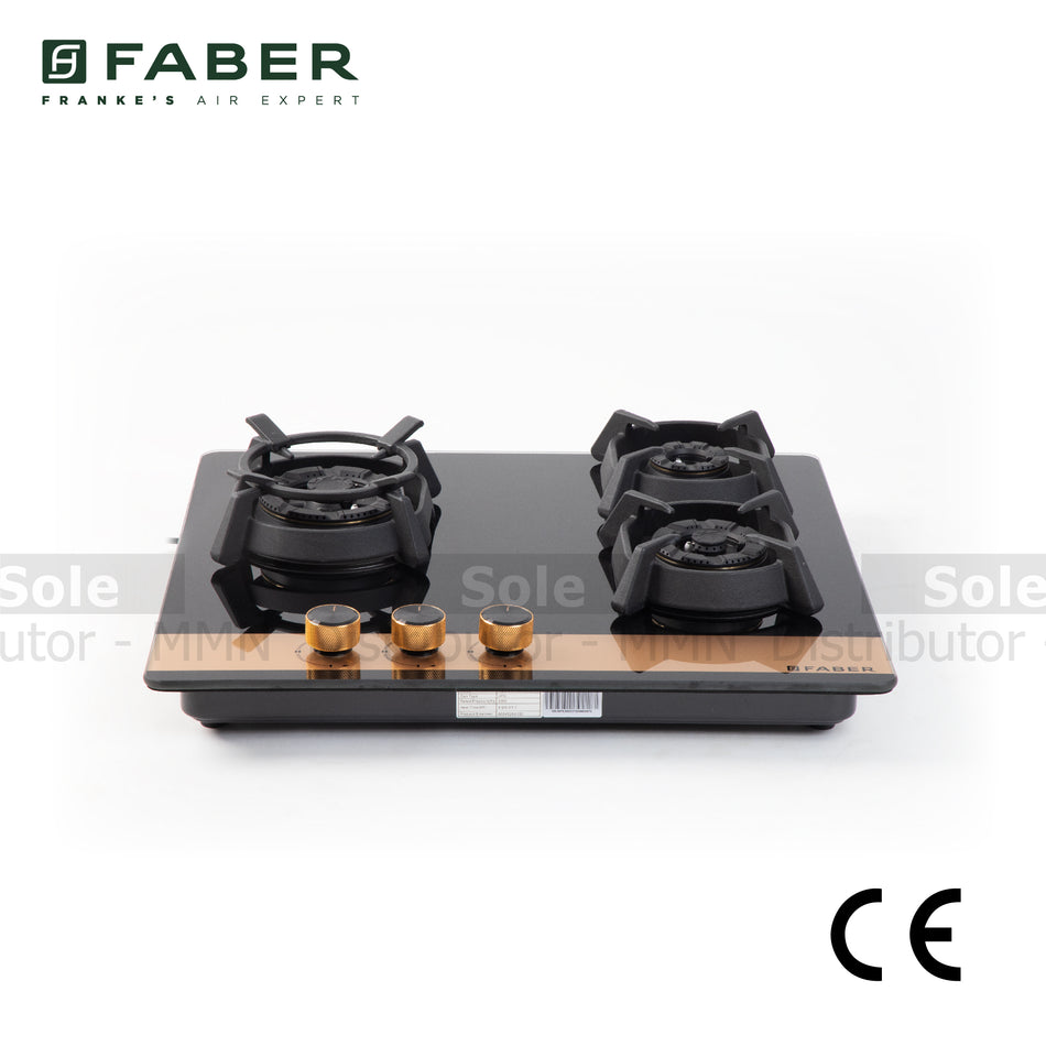 Faber Gas Hob UTOPIA PRO HT 603: Black Glass 3 Burners with Cast Iron Supports - FB/HOB-UT/BG/603/106.0679.382