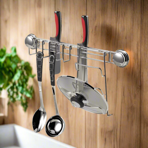 Mcoco DIY Kitchen Hooks Knife Rack & Pot Cover Holder with Suction Cup 57.5 x 8.7 x 29 cm Plastic Stainless Steel Electro Polishing Finish - MC700005