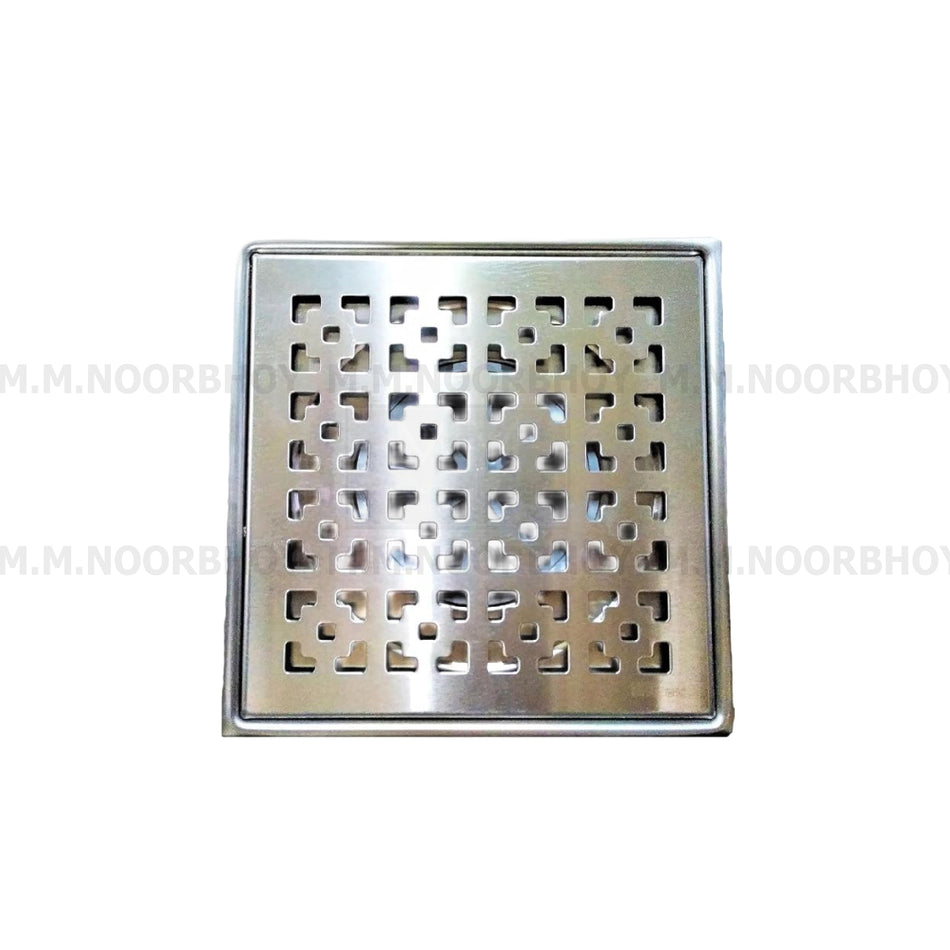 A square stainless steel floor drain with a decorative geometric cutout pattern, shown on a white background with faint watermarks.
Gully Cover
Gally Cover