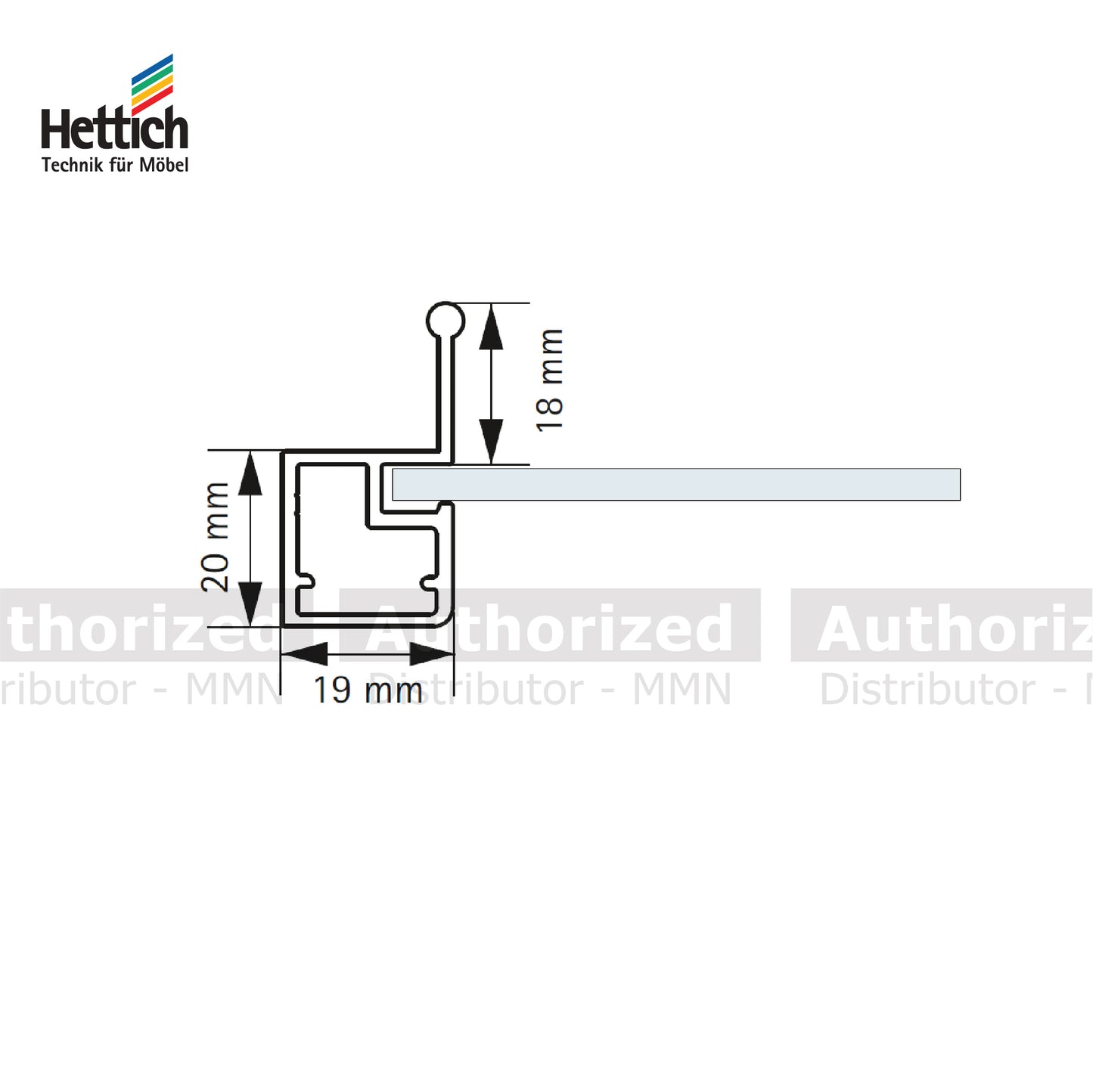 Hettich Straight Frame Profile With Handle, Width 19mm / Length 3000mm, Aluminium Finish - HT911391400