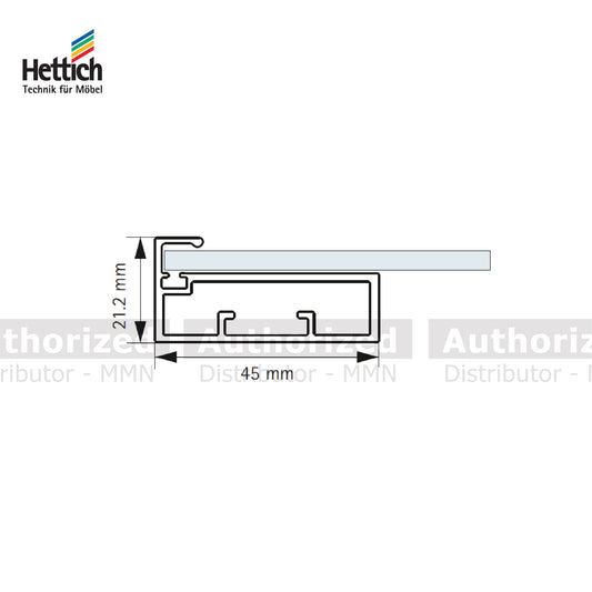 Hettich Straight Frame Profile, පළල 45mm / දිග 3000mm, ඇලුමිනියම් නිමාව - HT911391500