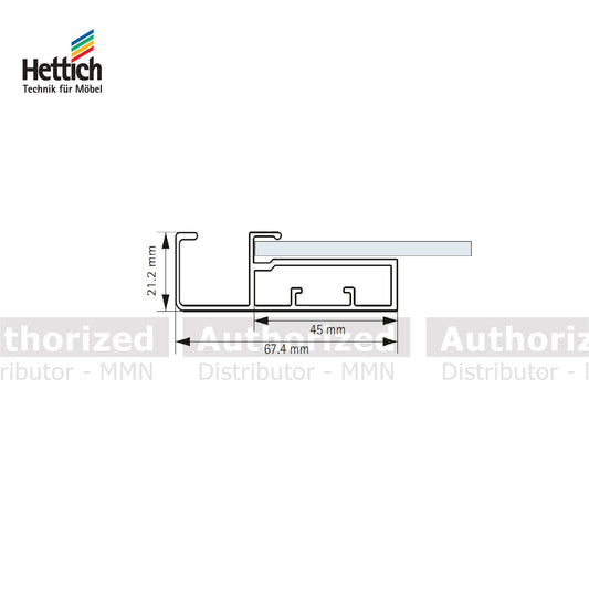 Hettich Straight Frame Profile With L Handle, Width 45mm / Length 3000mm, Aluminium Finish- HT913507500 + 911304900